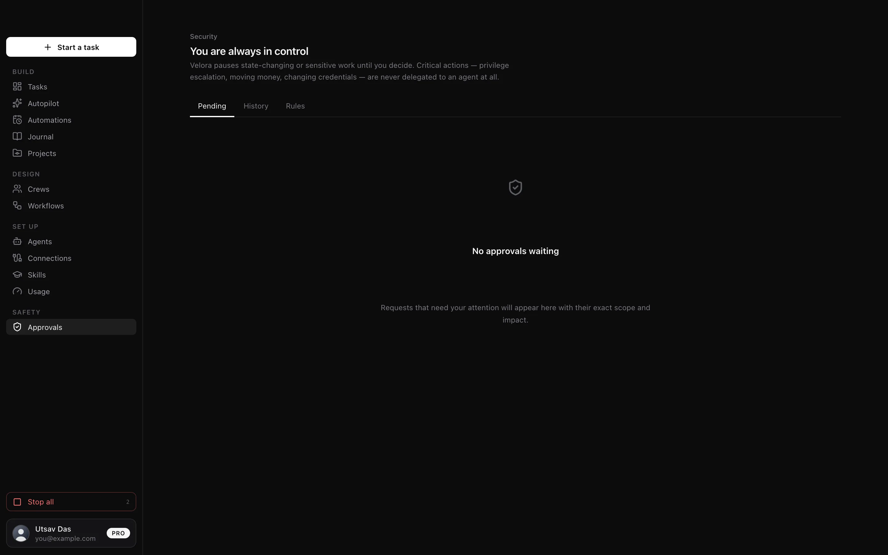 Velora on macOS. An approval request pauses the run before publishing: it names the action, the destination, the agent that asked, and the checks that passed, with Reject and Approve buttons.