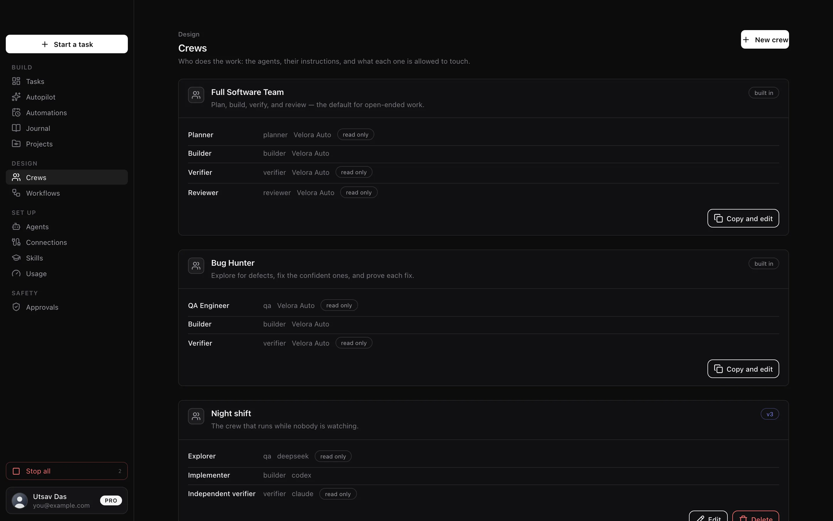 Velora on macOS. The Crews screen, listing each crew and the agents in it with the role and permissions each one holds.